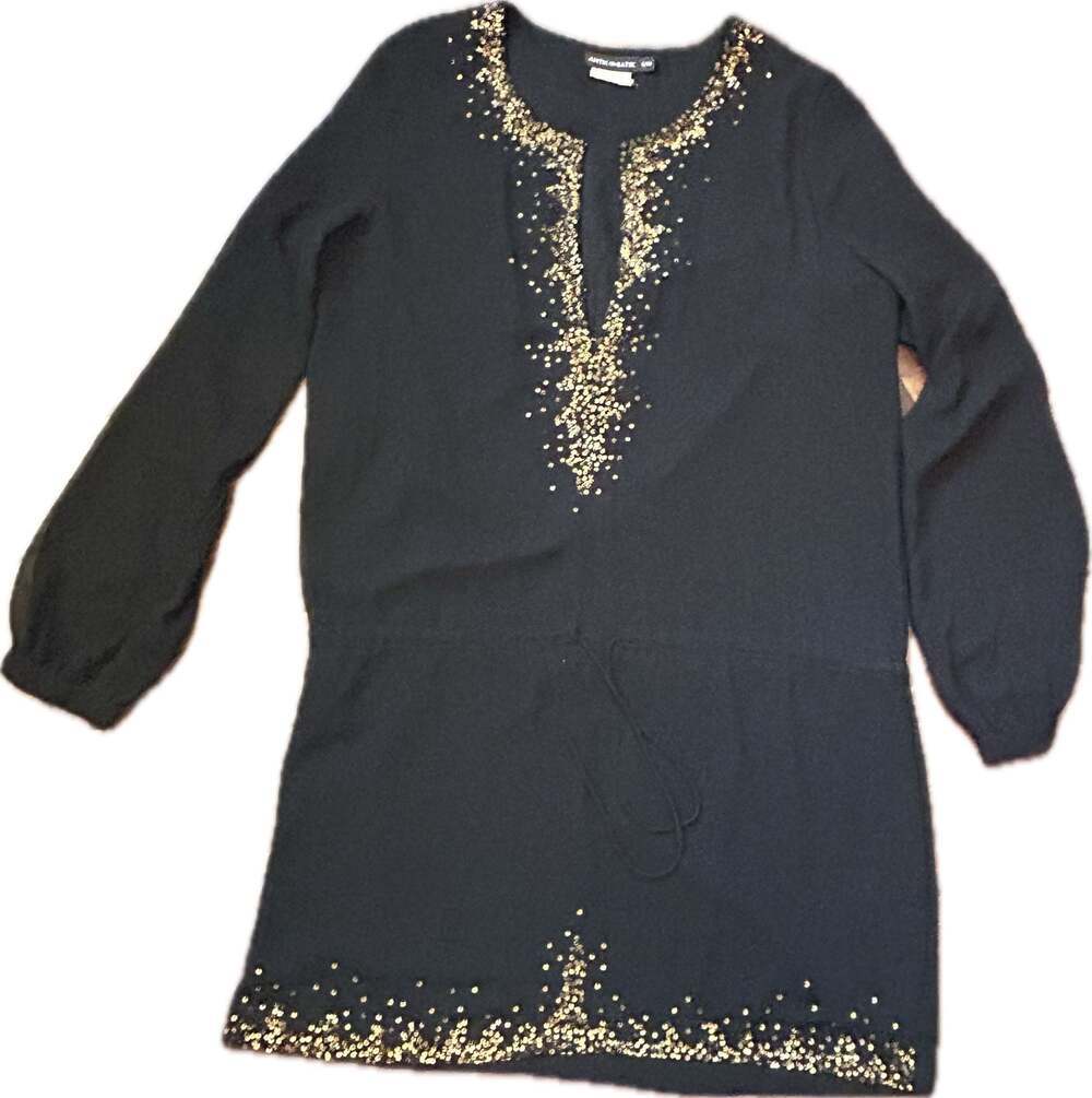Antik Batik Black Bronze Sequin Embellished Sheer Long Sleeve Boho Tunic Dress